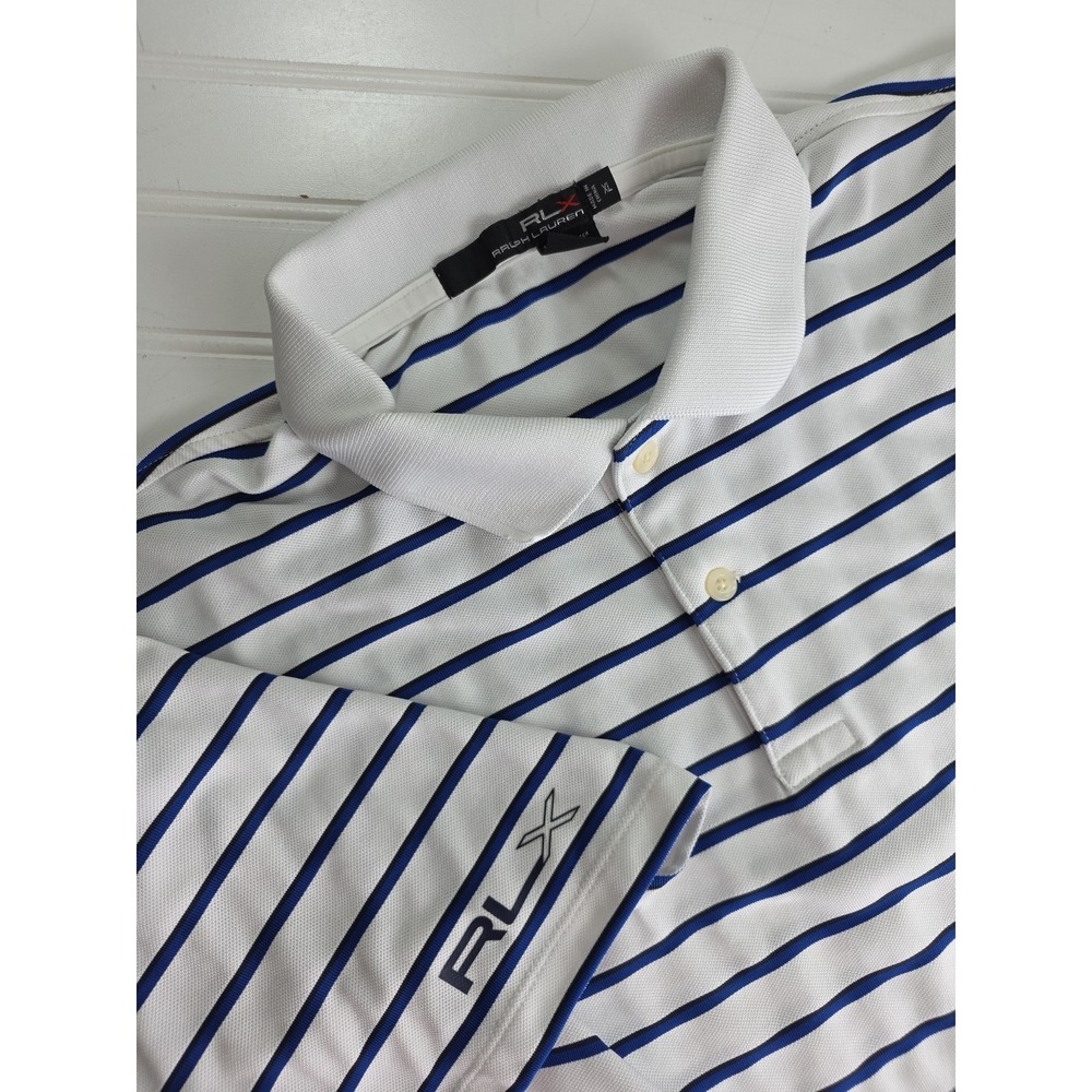 RLX Ralph Lauren Polo Shirt Mens XL White BLUE Stripe Golf Performance Stretch